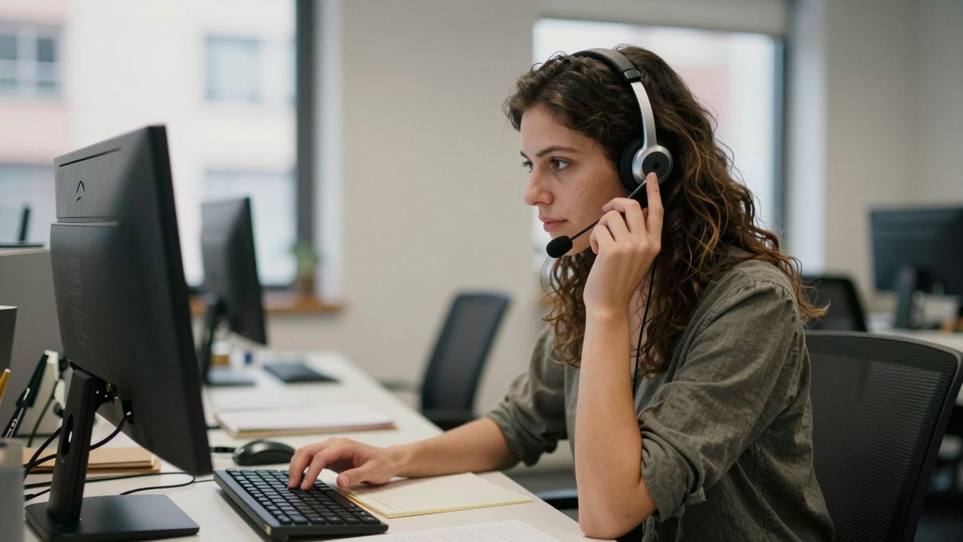 Empleada atendiendo una llamada con auriculares